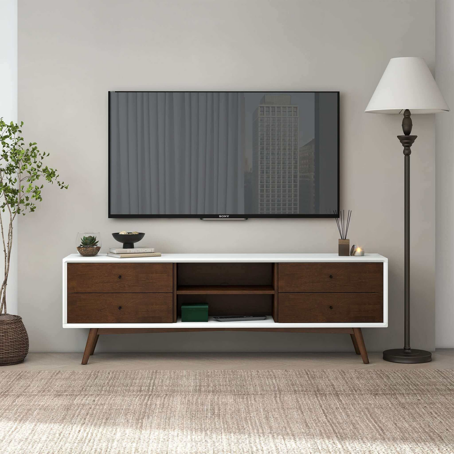 Modern living room with mid-century TV stand, wall-mounted Sony TV, and floor lamp