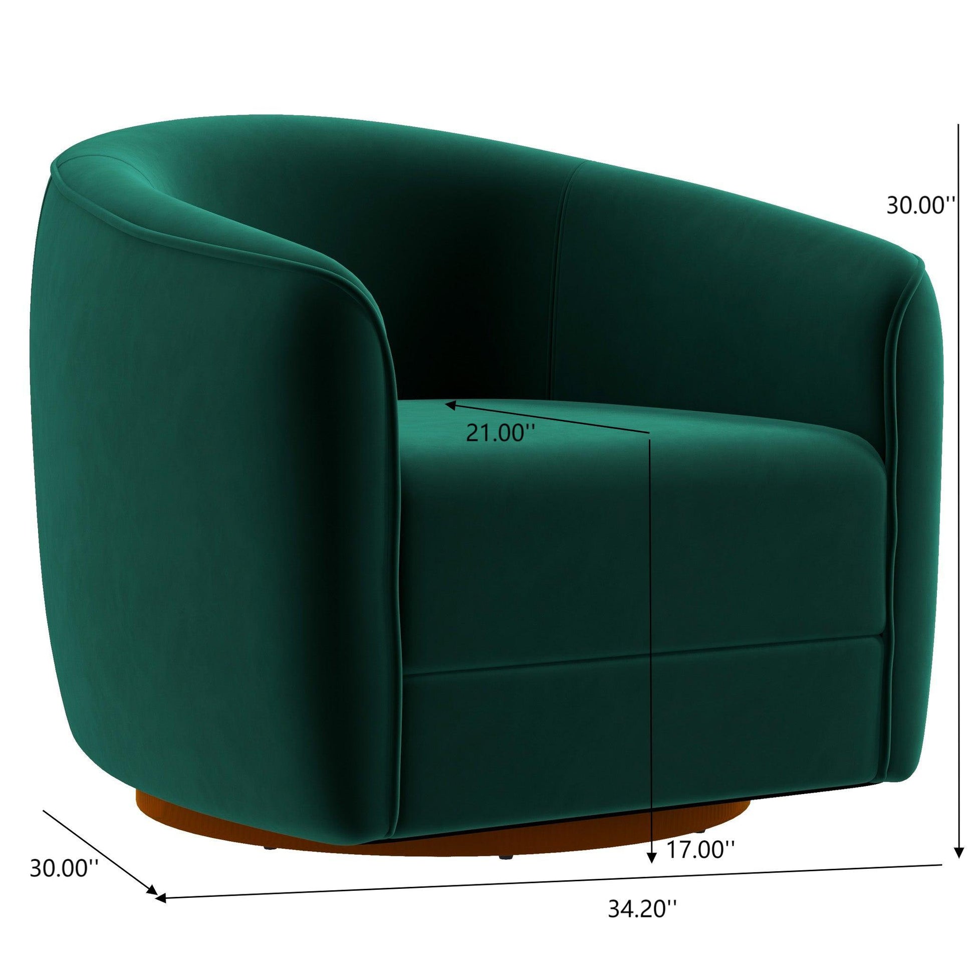 Modern green barrel accent chair with measurements, FredCo International furniture.