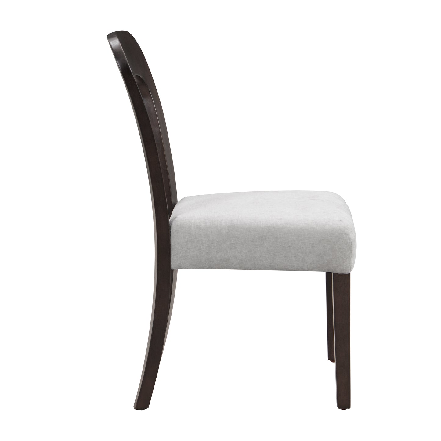 Modern dining chair with dark wood frame and light upholstered seat, side view