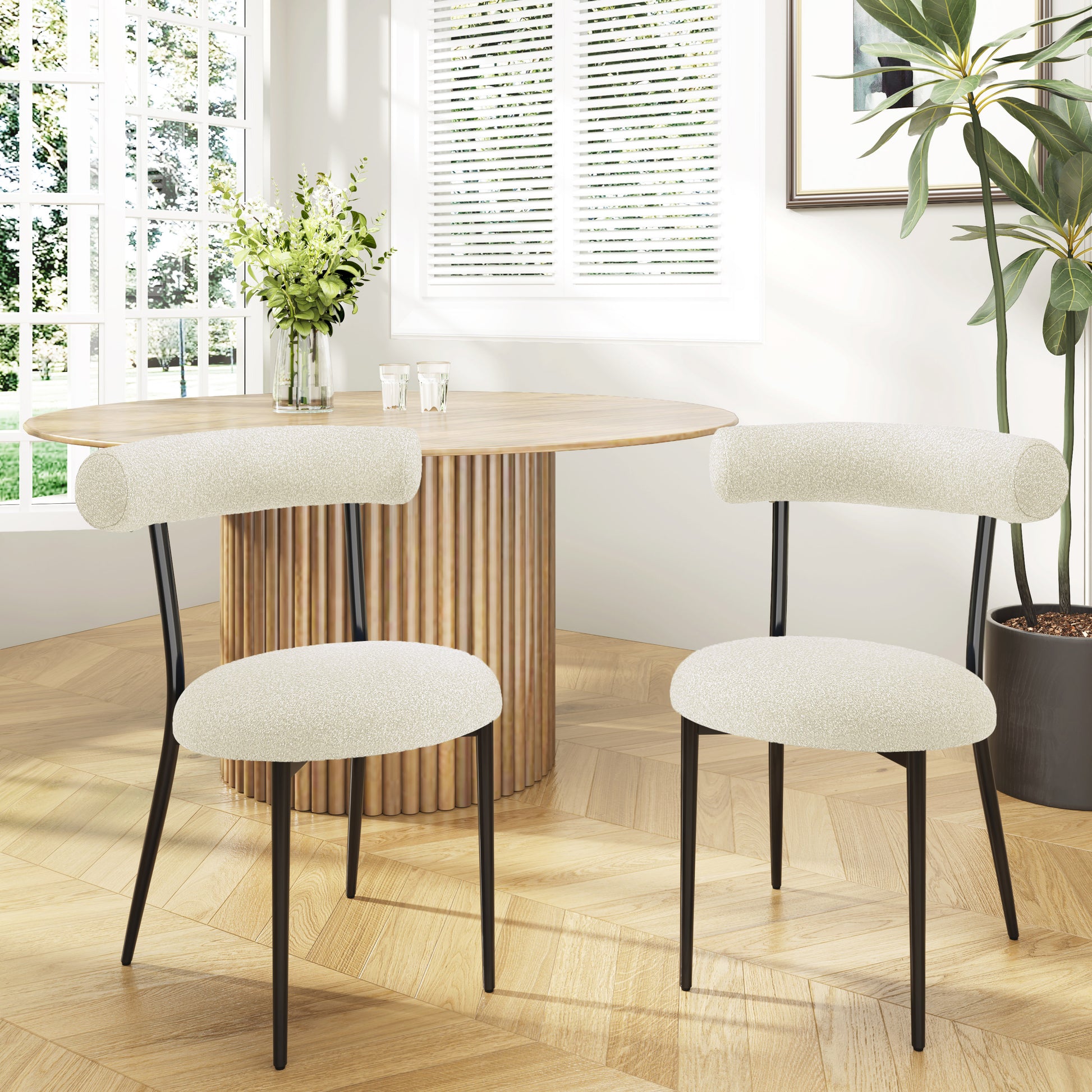 Dining Chair Set of 2, Modern Dining Room Chairs, Black Metal Frame, White Fabric FredCo