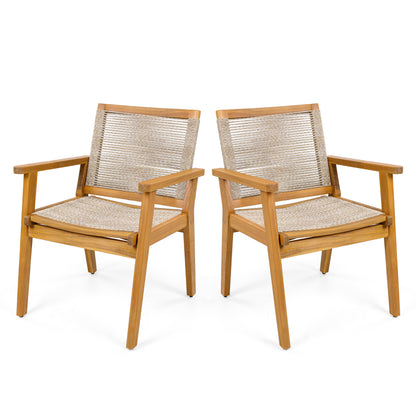 Outdoor Dining Chairs Set of 2, Teak Finish Wood Frame and Mix Brown Rope, Natural Courtyard Style, 400lbs Capacity
