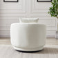 Modern white boucle swivel chair in a living room with elegant wall paneling