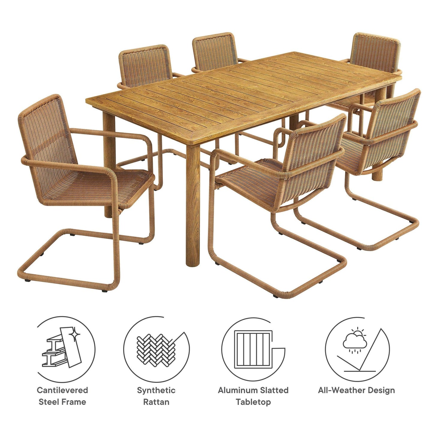 Abacus 7-Piece Rectangular Outdoor Patio Aluminum Dining Table Set with Rattan Armchairs by Modway FredCo
