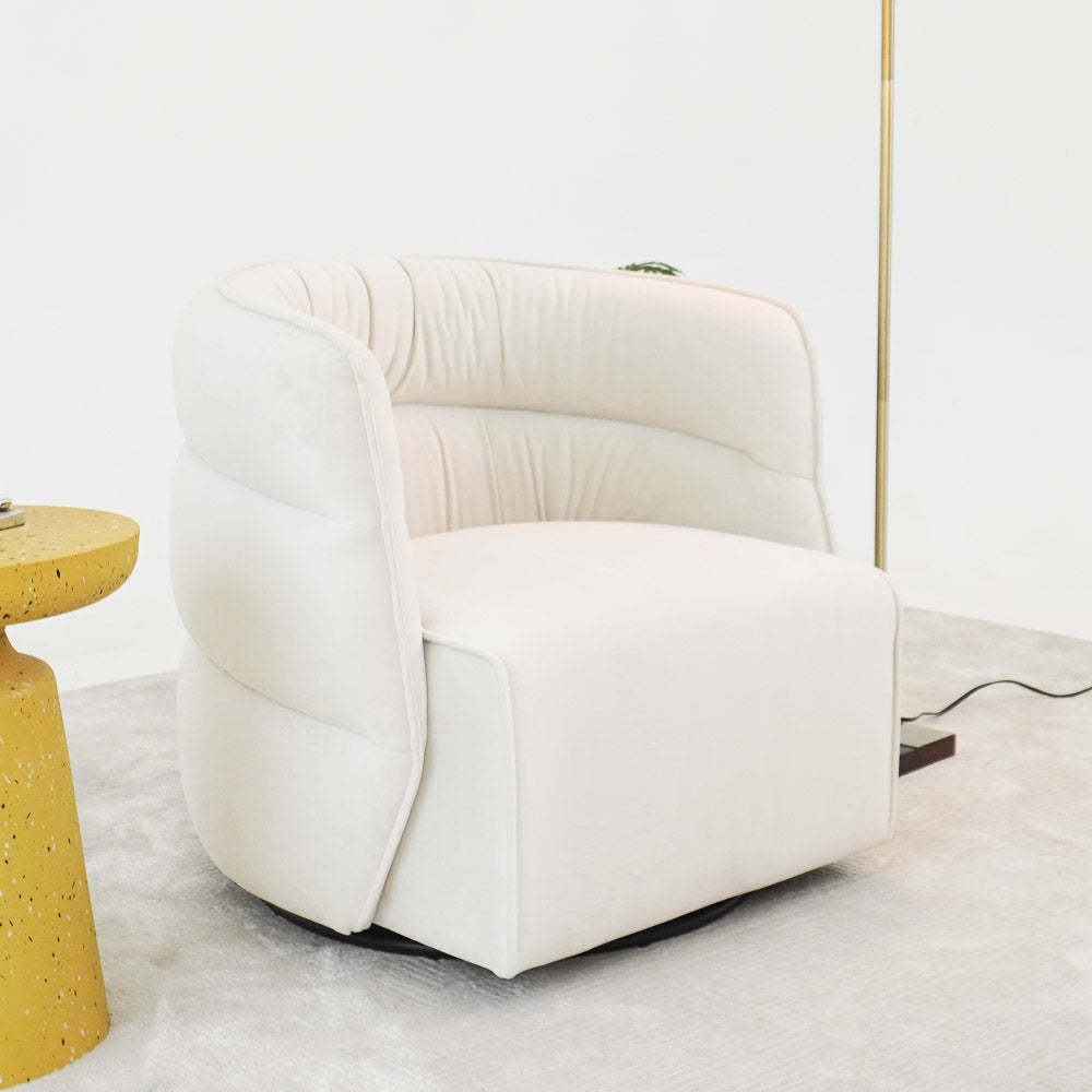 Modern white accent chair in home setting on light rug, next to yellow side table