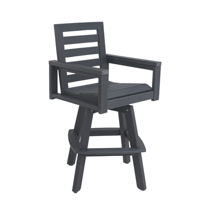 Outdoor 360° Swivel Bar Chair, Slate Grey, High-Density Polyethylene, Ladderback with Wide & Thickened Frame, Transitional Style, Rust-Resistant Hardware, Hot-Embossed Wood Grain, 3-Step Assembly