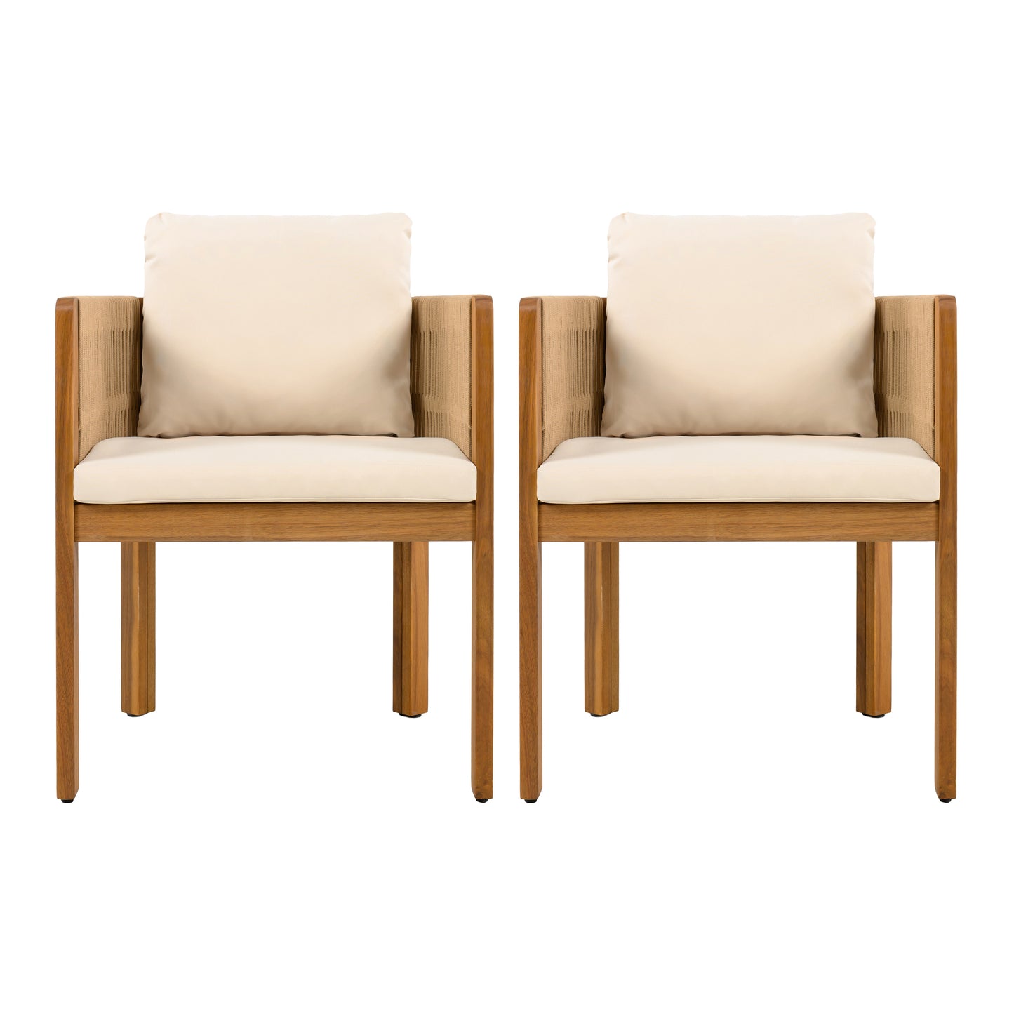 Pair of modern wooden armchairs with beige cushions, FredCo International furniture