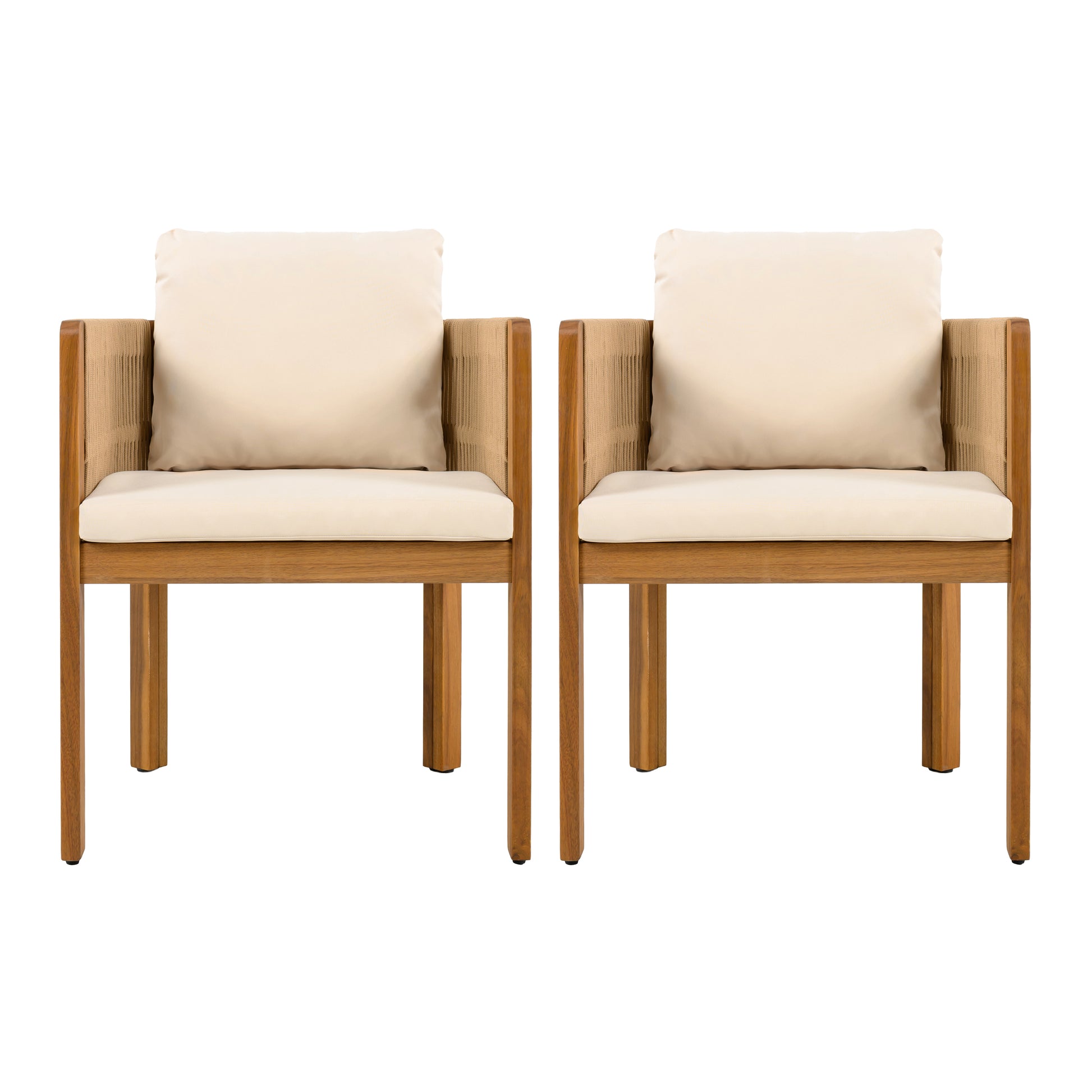 Pair of modern wooden armchairs with beige cushions, FredCo International furniture