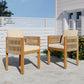 Outdoor wooden patio chairs with beige cushions on a concrete patio, FredCo International furniture