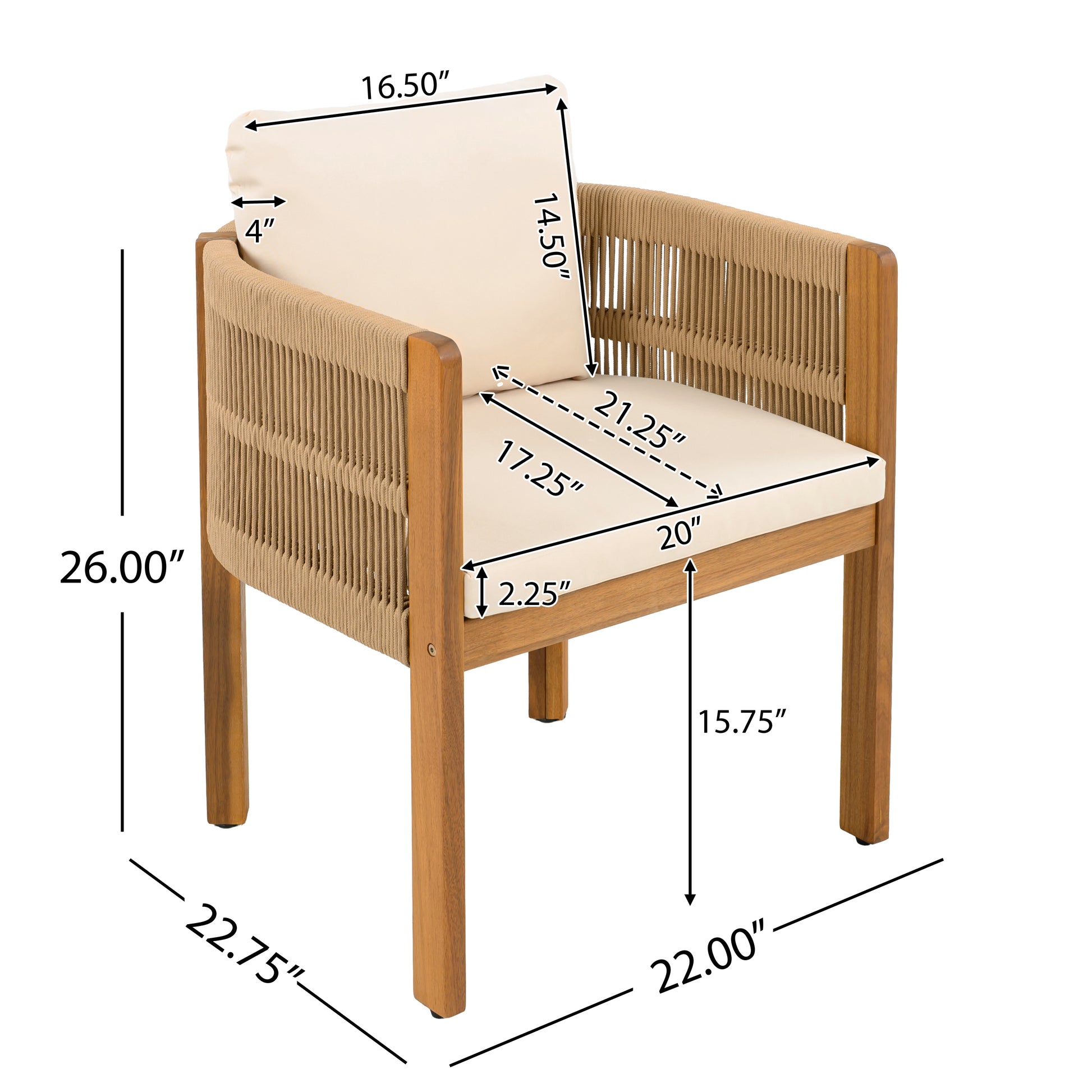 Modern wood and rope accent chair with beige cushion and labeled dimensions for FredCo International furniture.