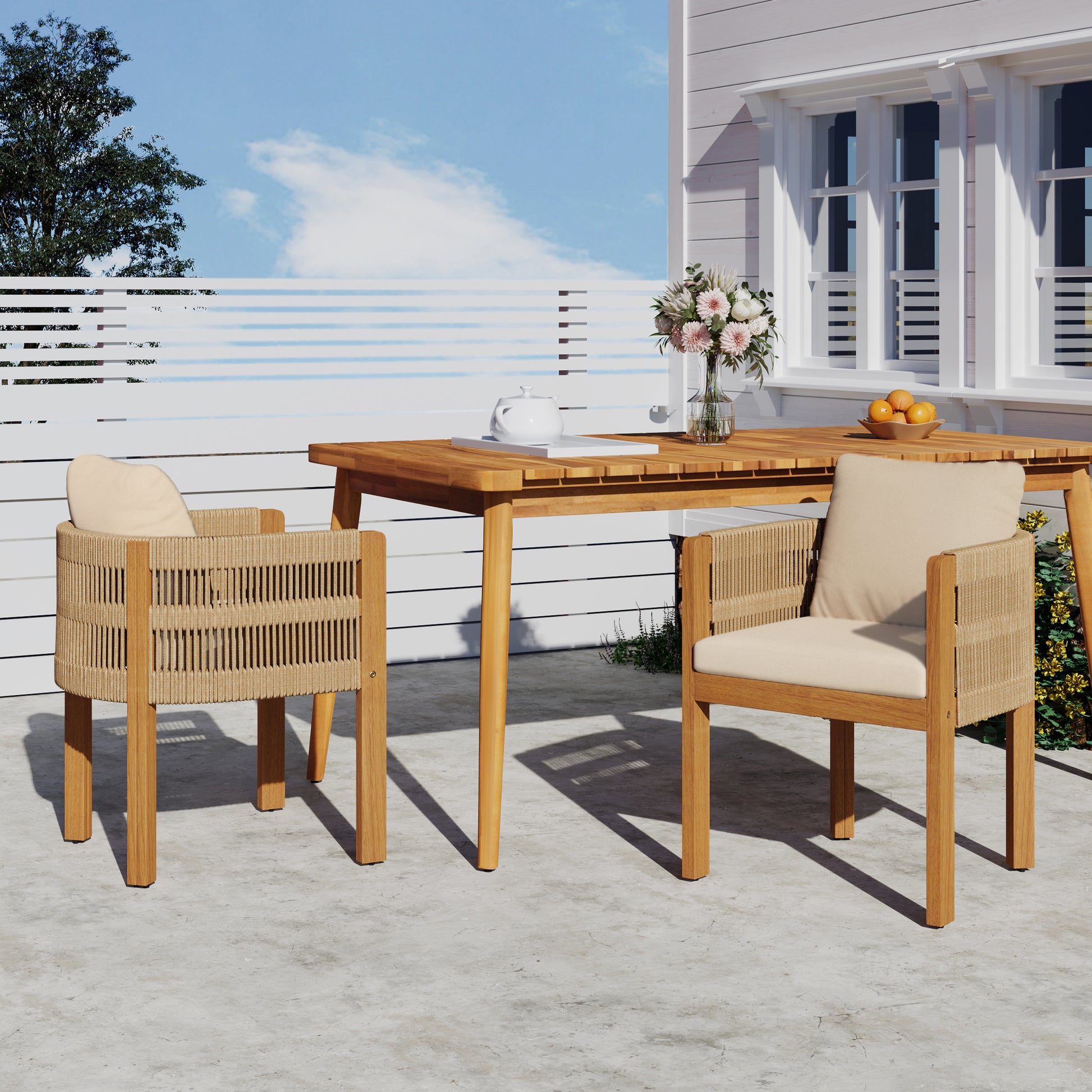 Modern wooden patio dining set with two cushioned chairs and a table, outdoor furniture