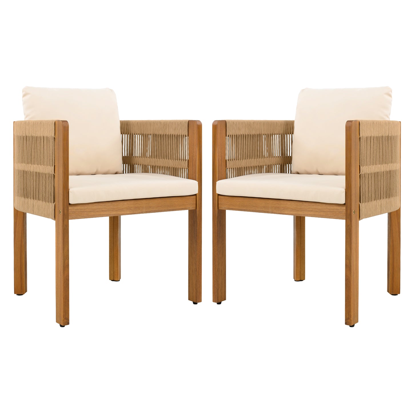 Pair of modern wood accent chairs with cream cushions and rope side detailing, FredCo International