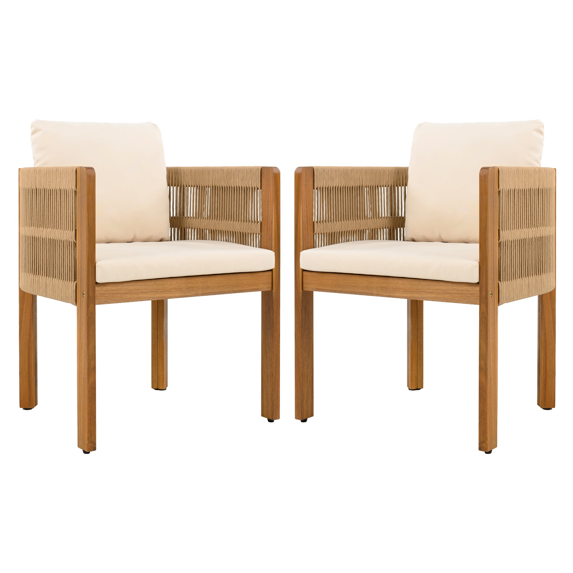 Pair of modern wood accent chairs with cream cushions and rope side detailing, FredCo International