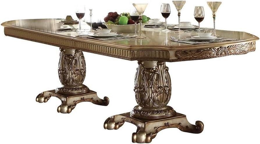 ACME Vendome Dining Table w/Double Pedestal, Gold Patina & Bone 120" 63000 FredCo