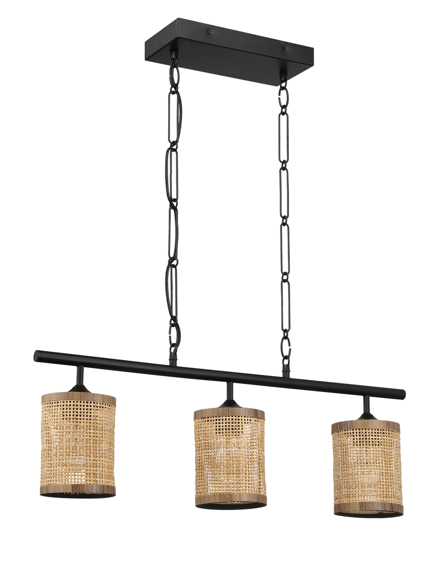 Modern three-light pendant chandelier with woven rattan shades and black metal frame