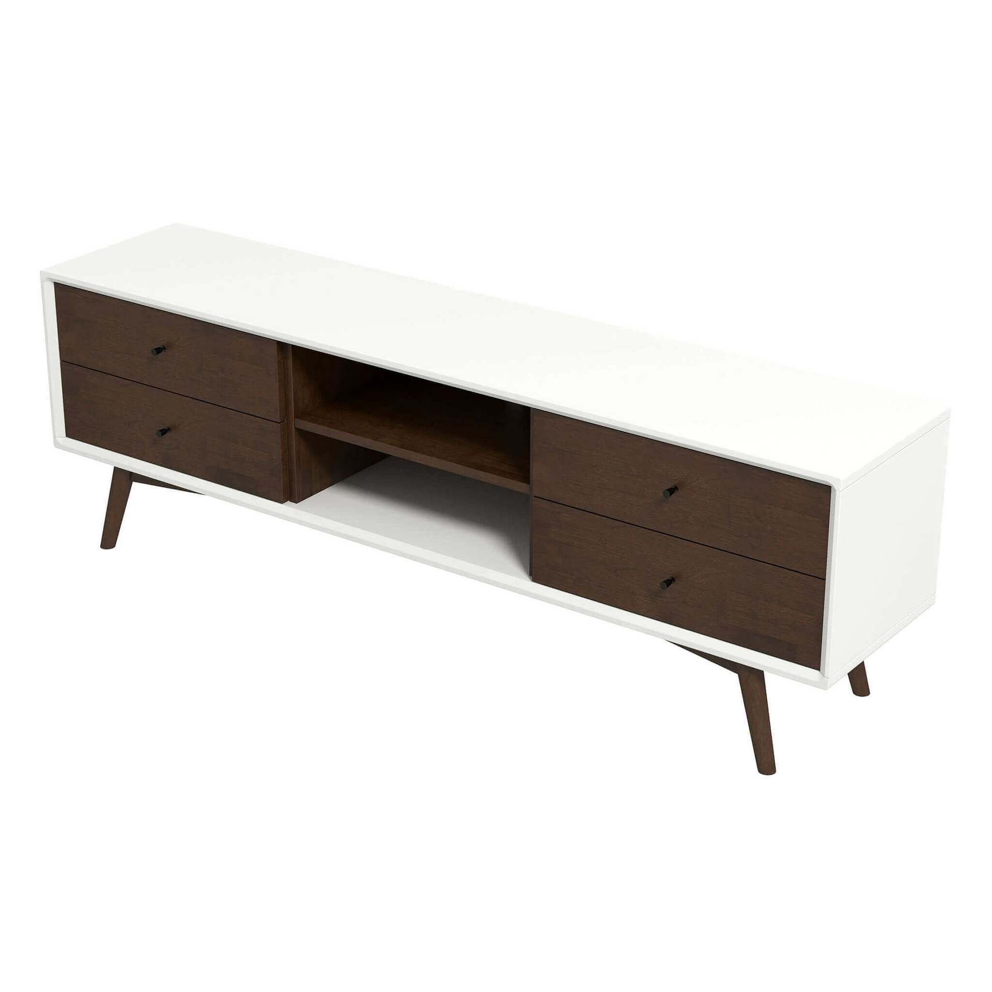 Mid-century modern TV stand with white frame, brown wood drawers, and open shelf from FredCo International