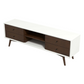 Mid-century modern TV stand with white frame, brown wood drawers, and open shelf from FredCo International