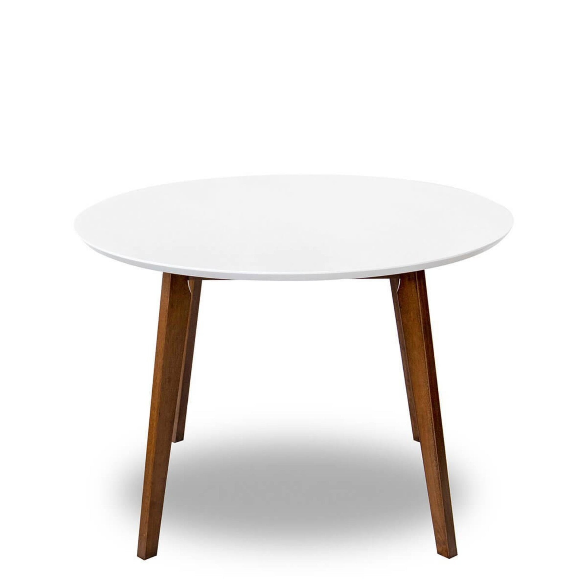 Modern round white dining table with wooden legs, FredCo International furniture