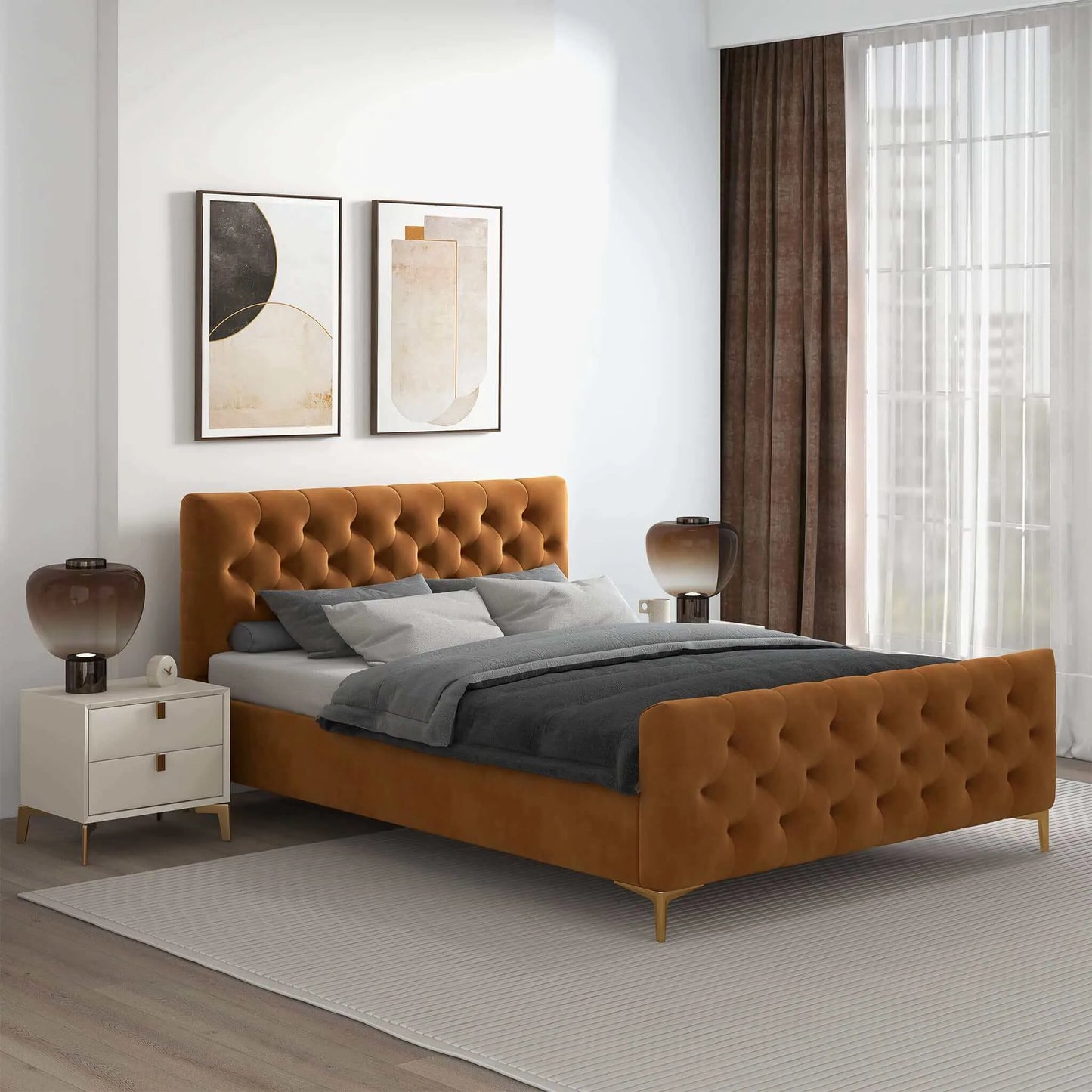 Modern bedroom with tufted orange bed frame, gray bedding, and stylish nightstands, FredCo International furniture.