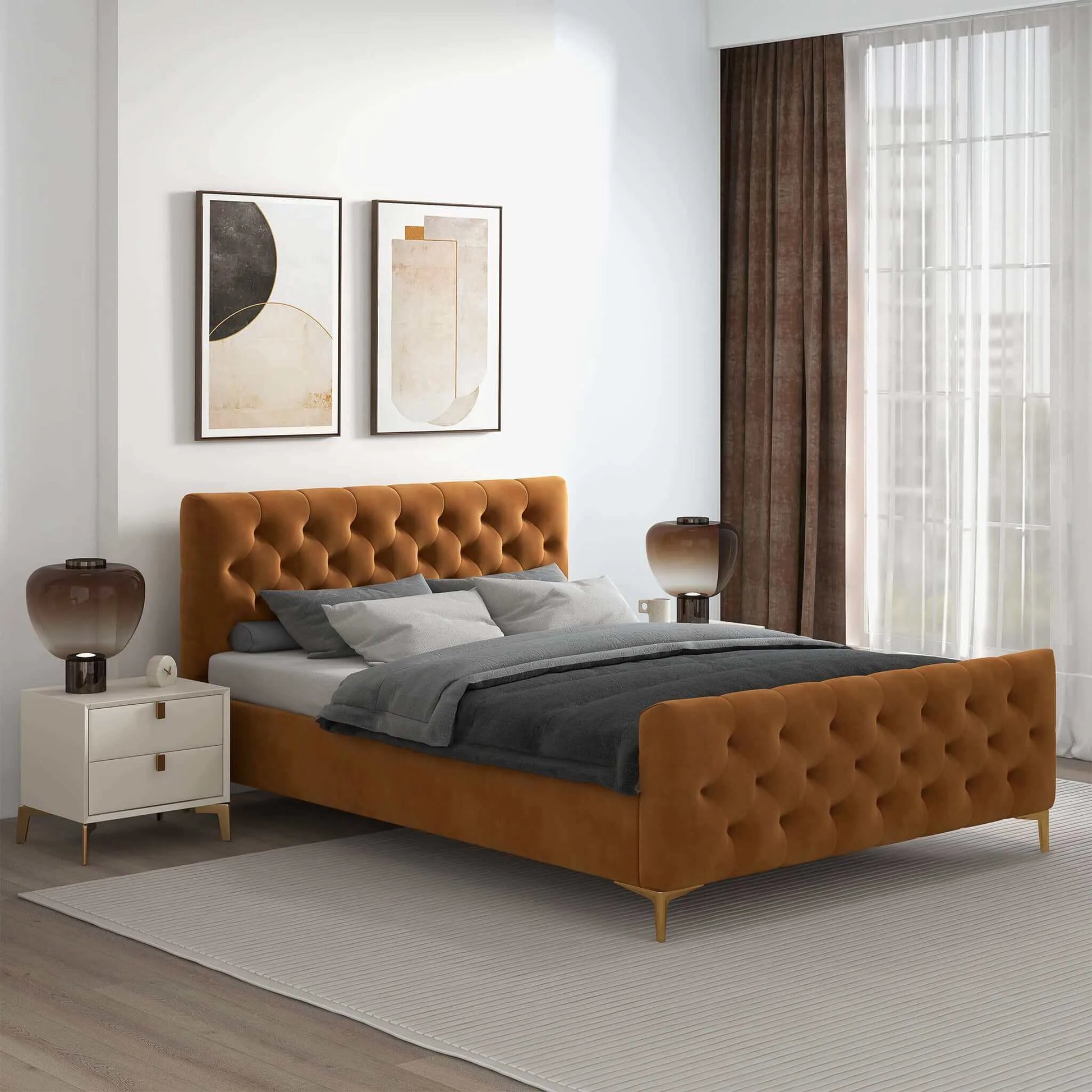 Modern bedroom with tufted orange bed frame, gray bedding, and stylish nightstands, FredCo International furniture.