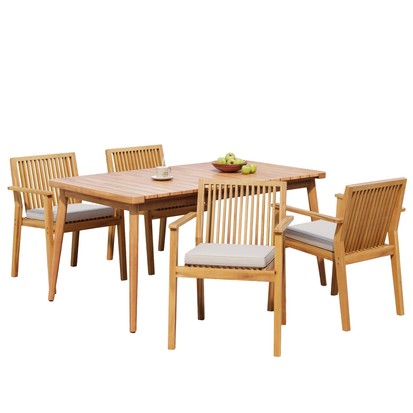 5-Piece Acacia Wood Outdoor Dining Set, Patio Table & Chairs with Removable Cushions, Slatted Tabletop for Garden Backyard FredCo