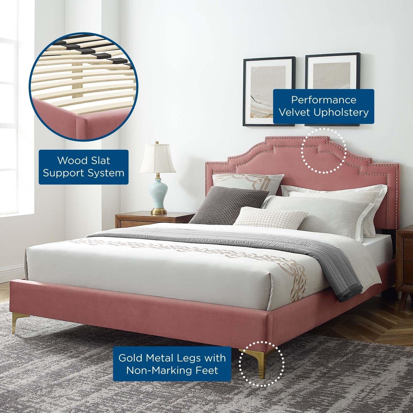 Adelaide Performance Velvet Queen Platform Bed, MOD-6580 FredCo