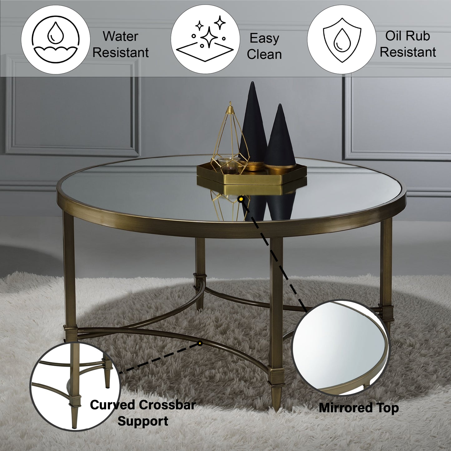 Aditya Mirrored & Antique Brass Finish Coffee Table FredCo