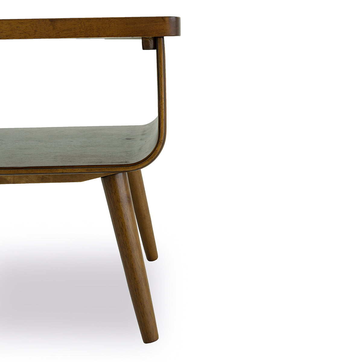 Mid-century modern wooden coffee table with angled legs and lower shelf from FredCo International