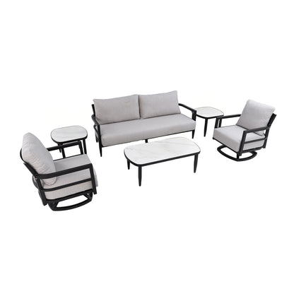 Outdoor Conversation Set with 360° Swivel Chairs, Bench Sofa, Marble-Inspired Stone Tables, Ember Black Aluminum Frame & Cast Silver Sunbrella Cushions