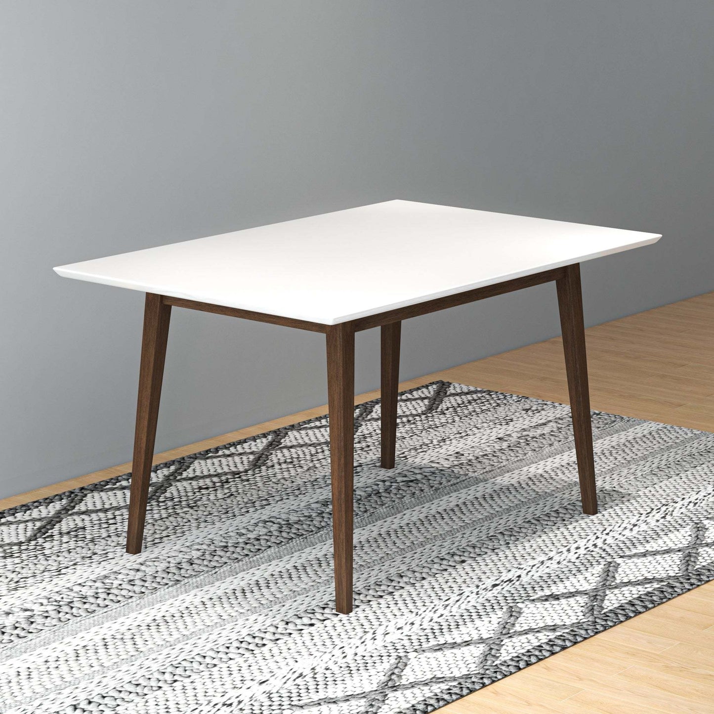Modern white rectangular dining table with wooden legs on patterned rug, FredCo International furniture