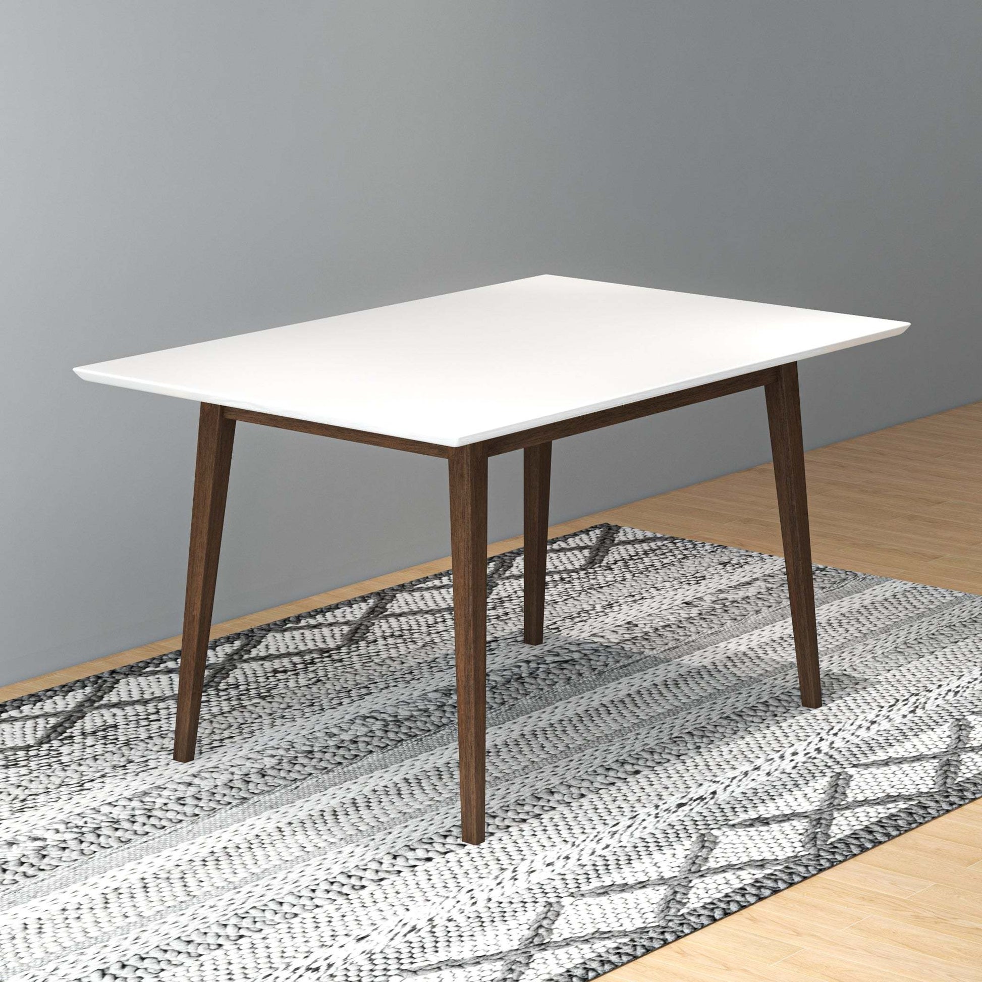 Modern white rectangular dining table with wooden legs on patterned rug, FredCo International furniture