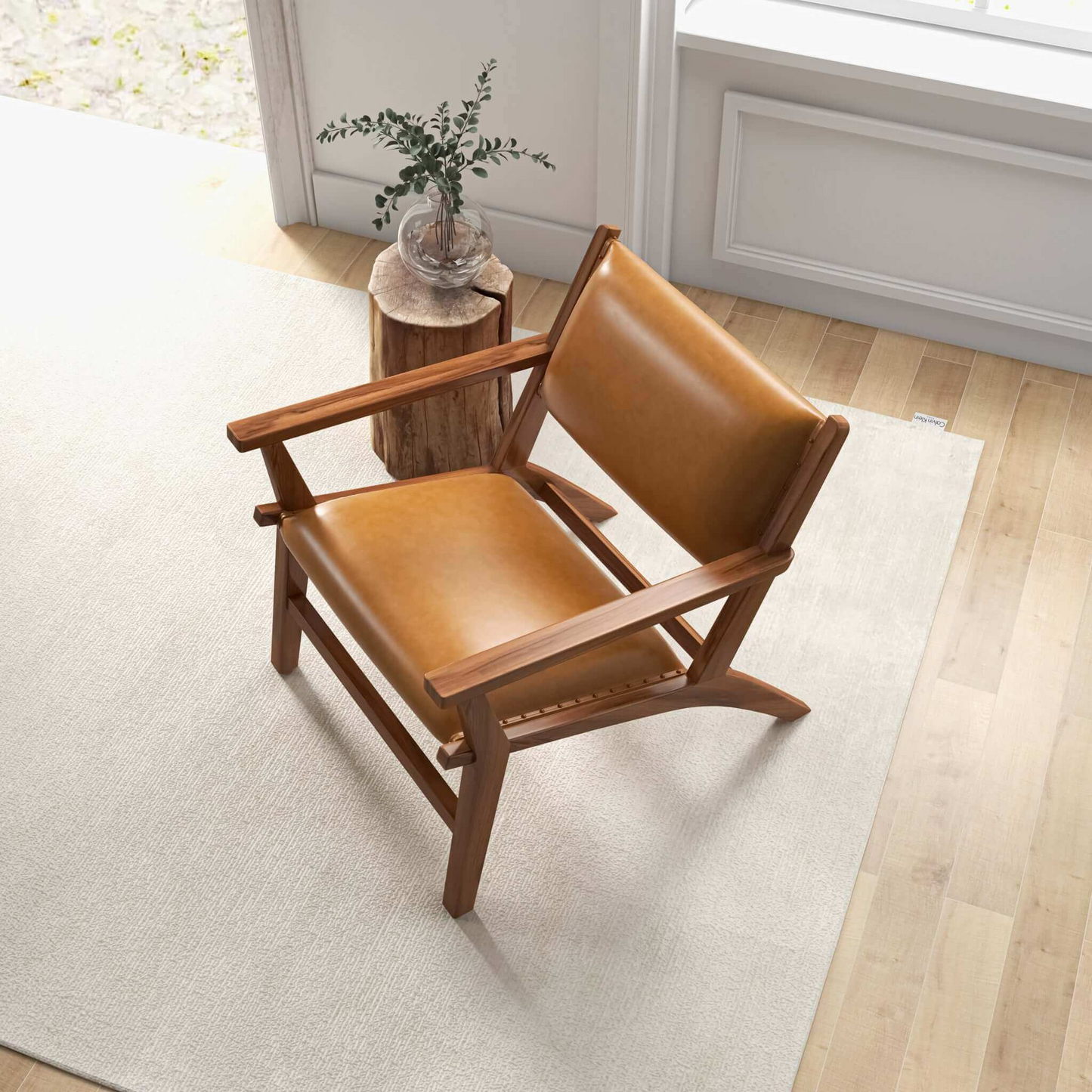 Hendrix Antique Tan Leather Arm Chair Mid-Century Modern Style with Solid Wood Frame 32' L x 26' W x 28' H for Bedroom, Living Room, Hallway FredCo