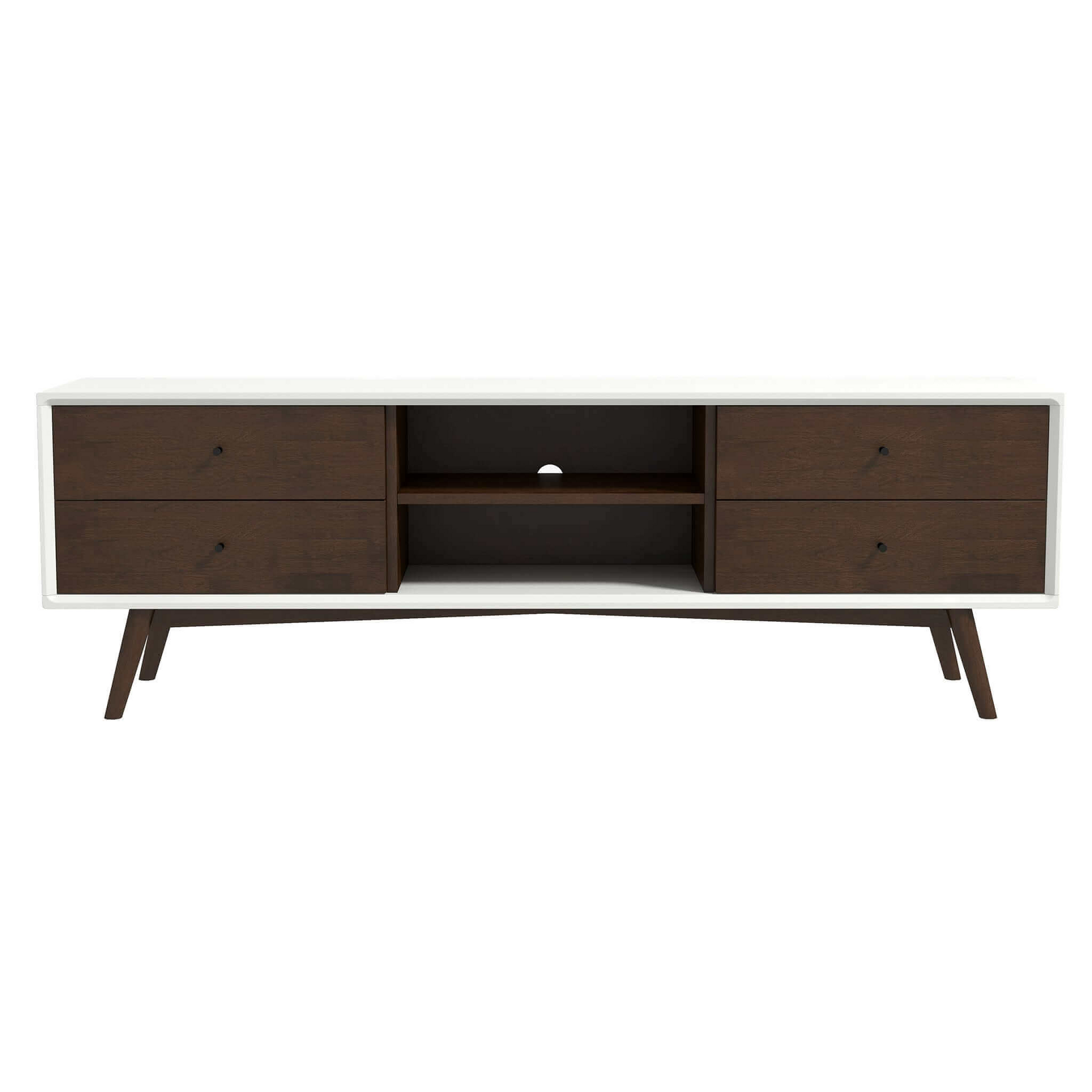 Modern TV stand with white frame, dark wood drawers, and open shelf from FredCo International