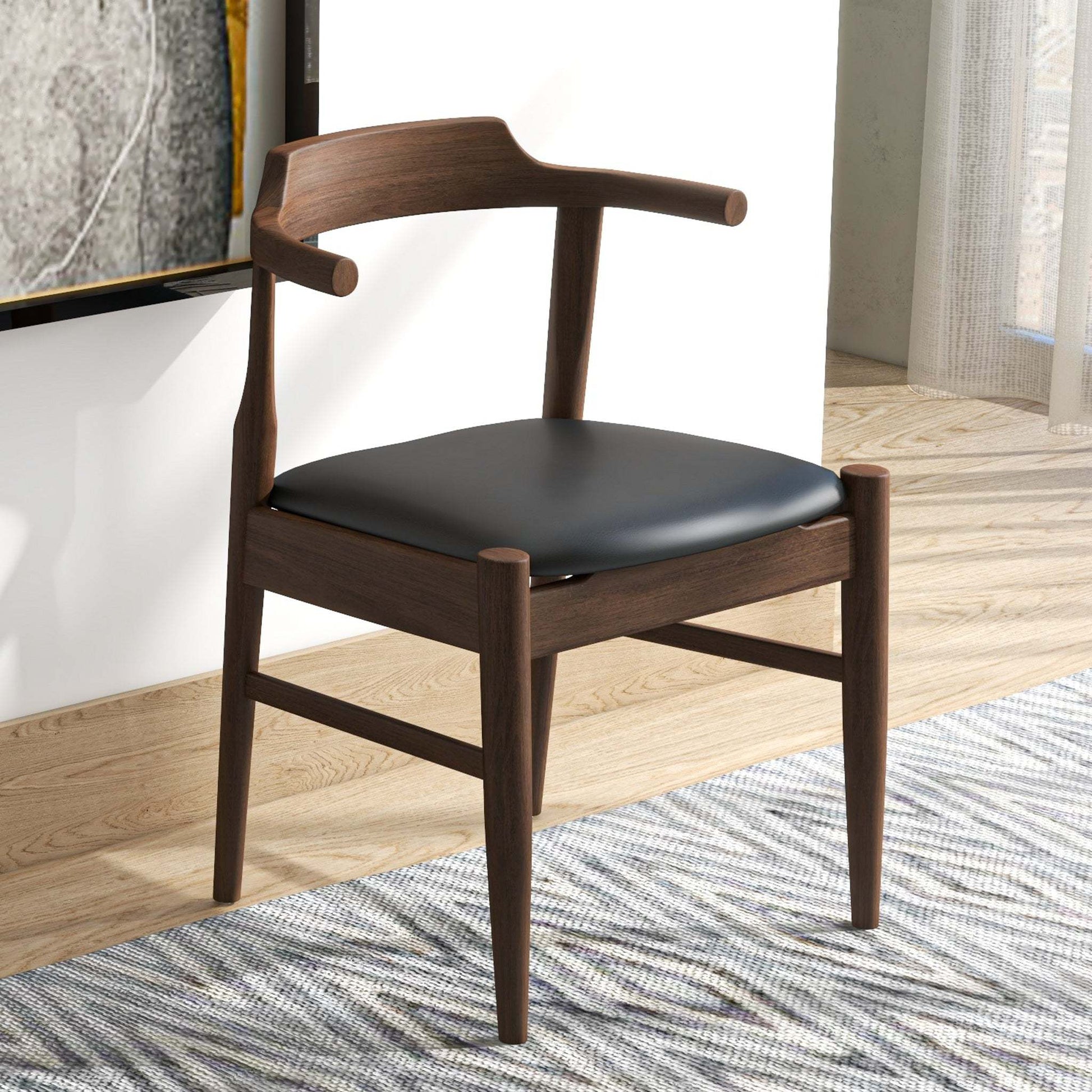 Leon Mid-Century Modern Leather Dining Chair Set of 2 with Solid Wood Frame in Black FredCo