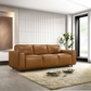 Modern brown leather sofa in a stylish living room with rug, books, and indoor plant
