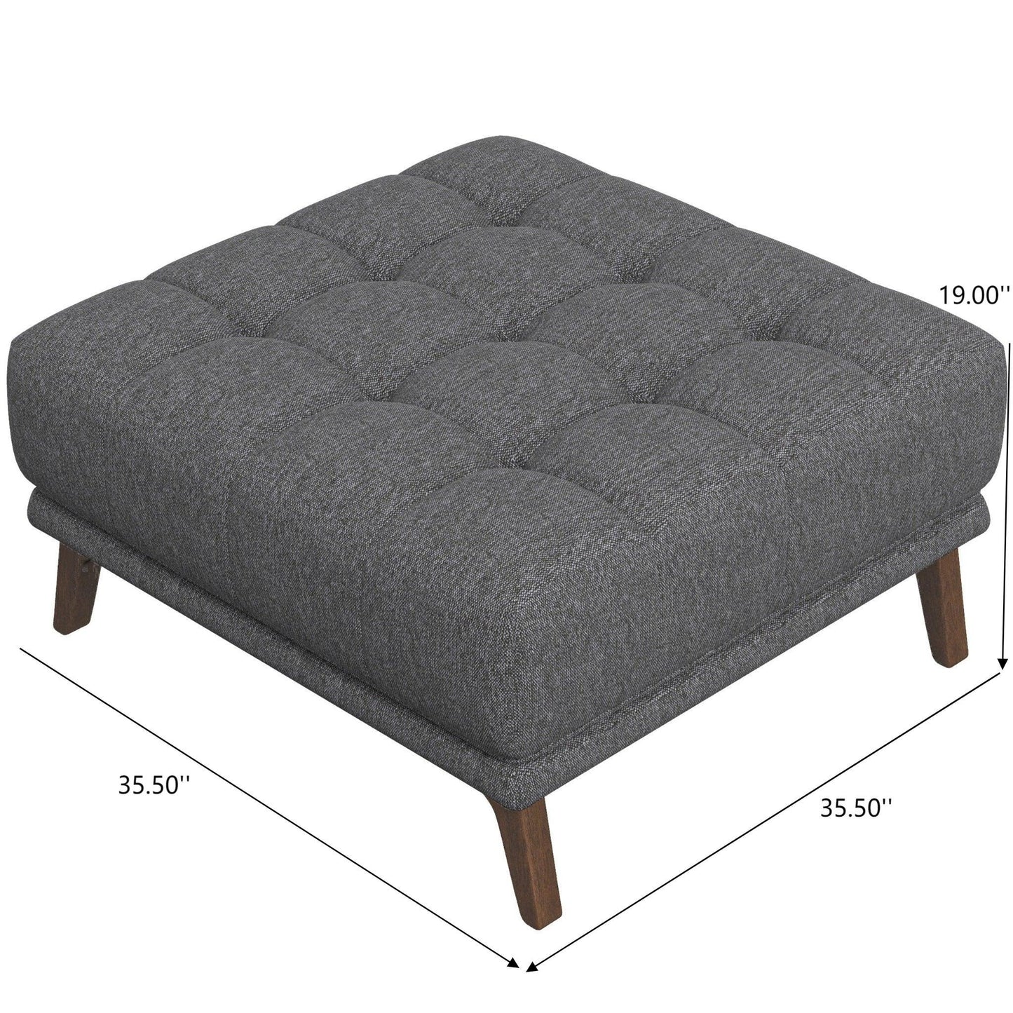 Gray tufted square ottoman with wooden legs, 35.5x35.5x19 inches, modern furniture