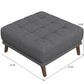 Gray tufted square ottoman with wooden legs, 35.5x35.5x19 inches, modern furniture