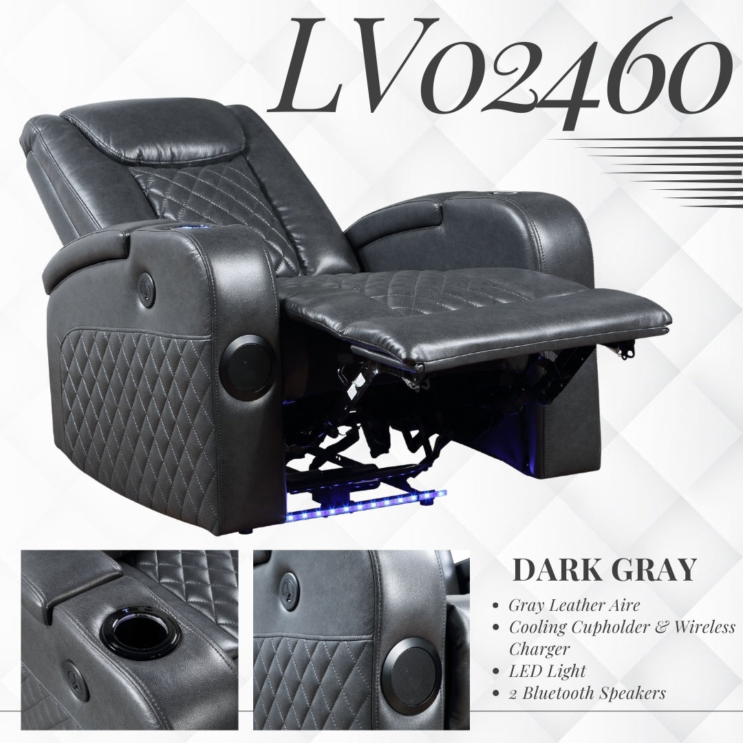 Alair Dark Gray Leather Aire Power Motion Recliner W/Bluetooth, Wireless Charger & Cupholder FredCo