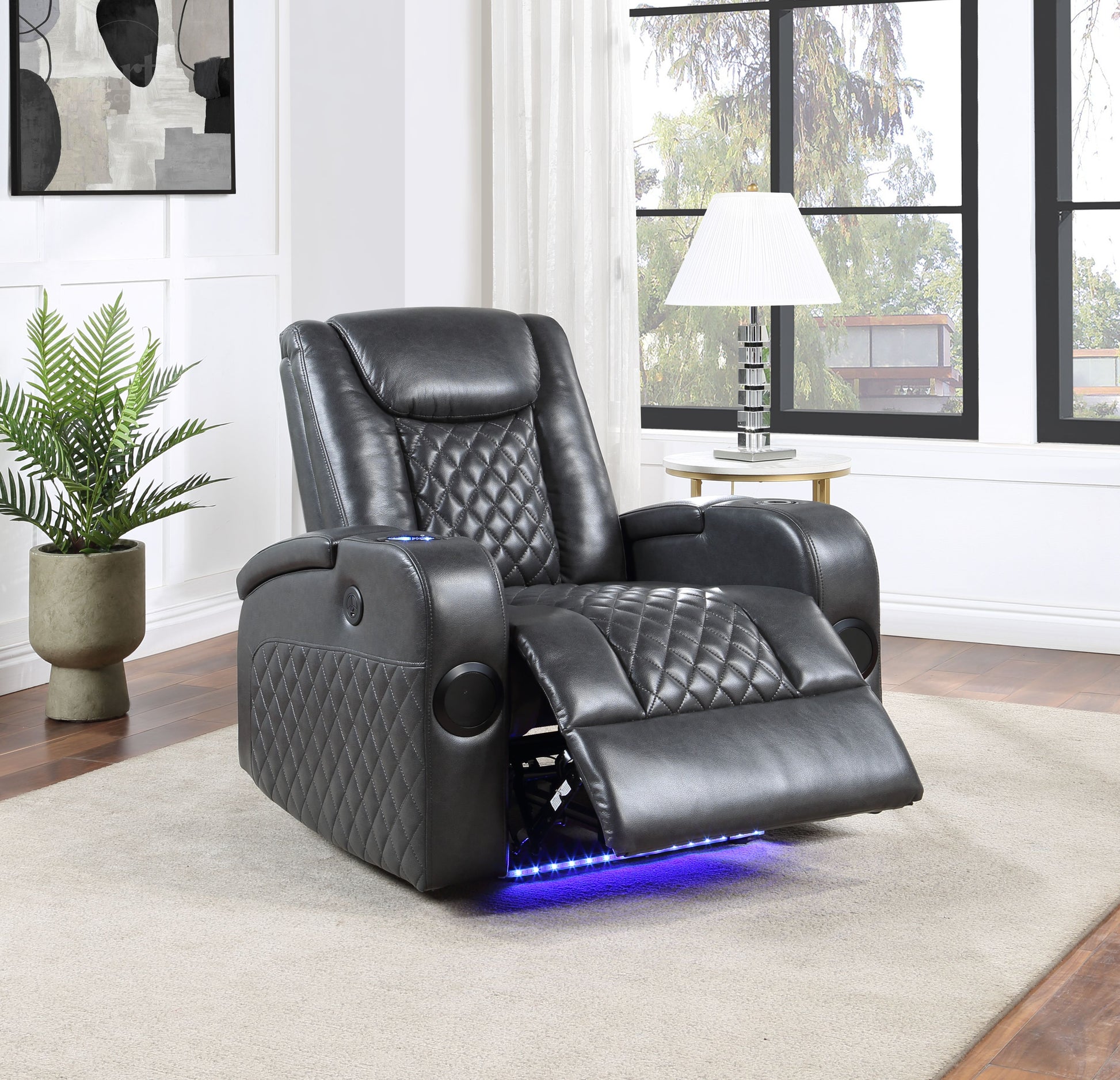 Alair Dark Gray Leather Aire Power Motion Recliner W/Bluetooth, Wireless Charger & Cupholder FredCo