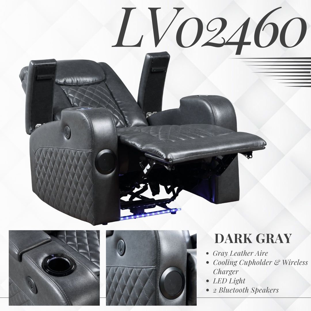 Alair Dark Gray Leather Aire Power Motion Recliner W/Bluetooth, Wireless Charger & Cupholder FredCo