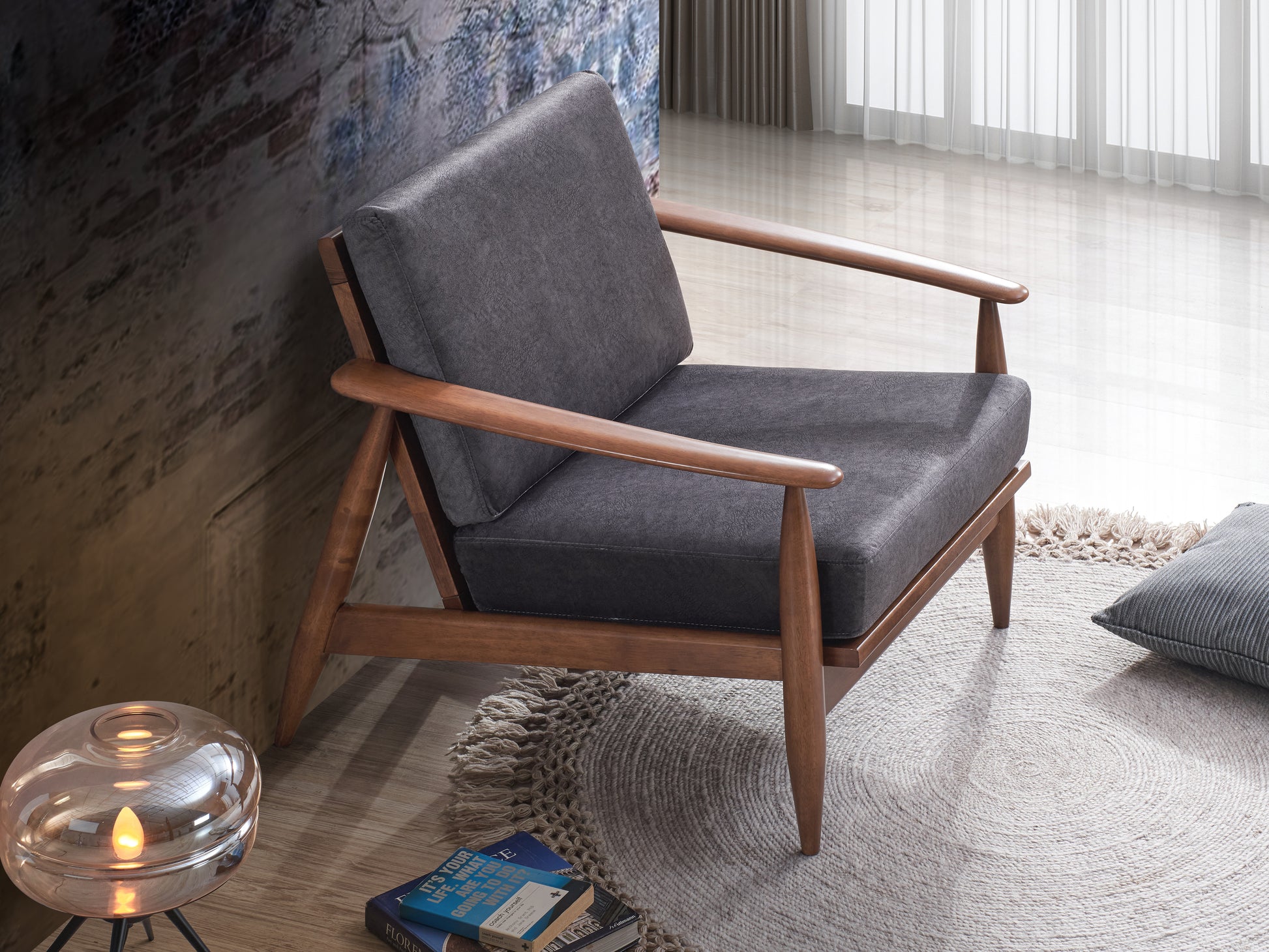 Alisa Charcoal Fabric & Brown Finish Accent Chair FredCo