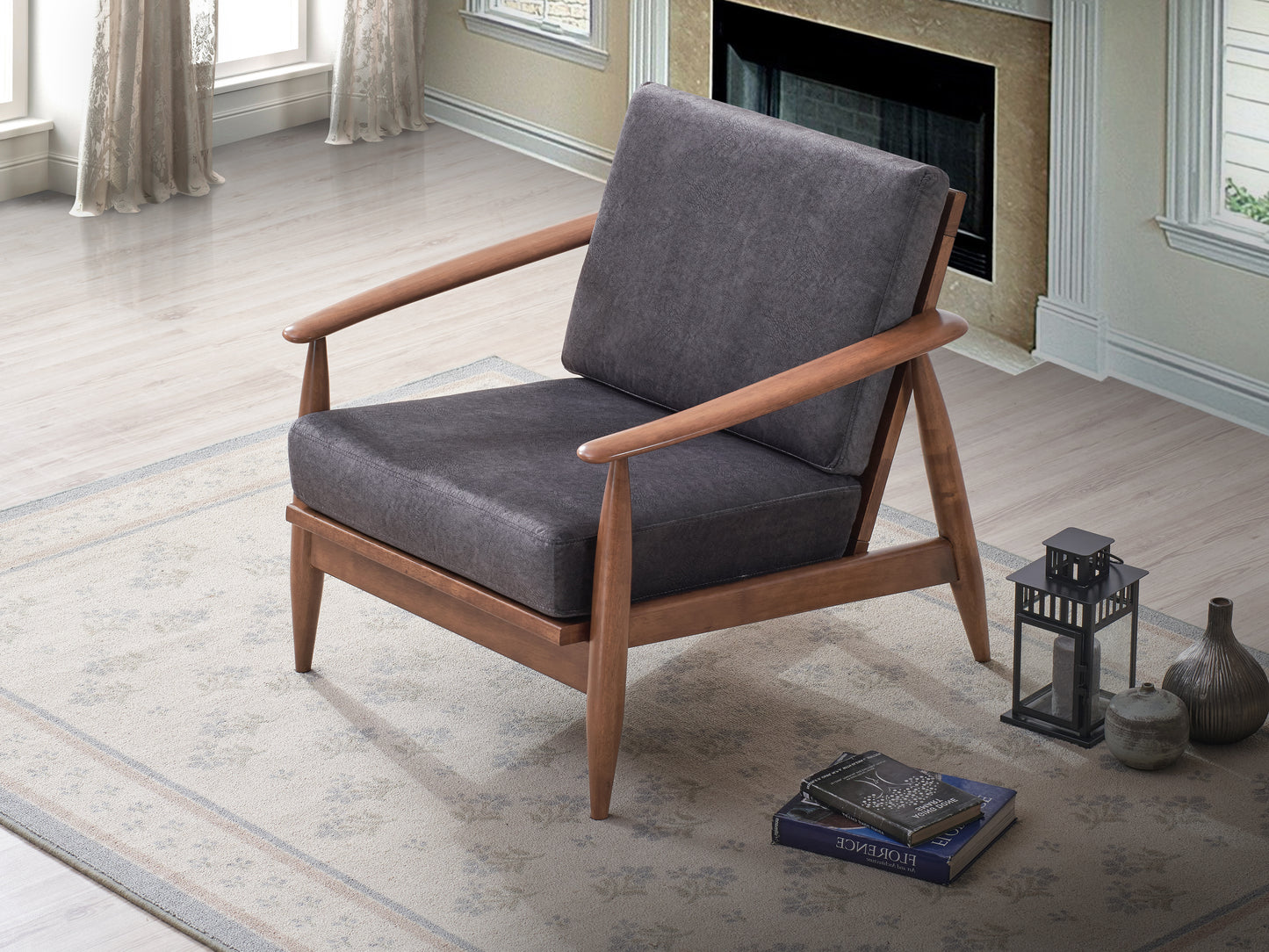 Alisa Charcoal Fabric & Brown Finish Accent Chair FredCo