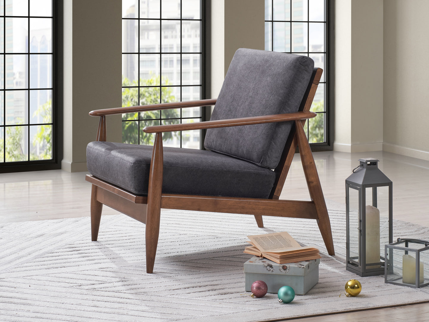 Alisa Charcoal Fabric & Brown Finish Accent Chair FredCo