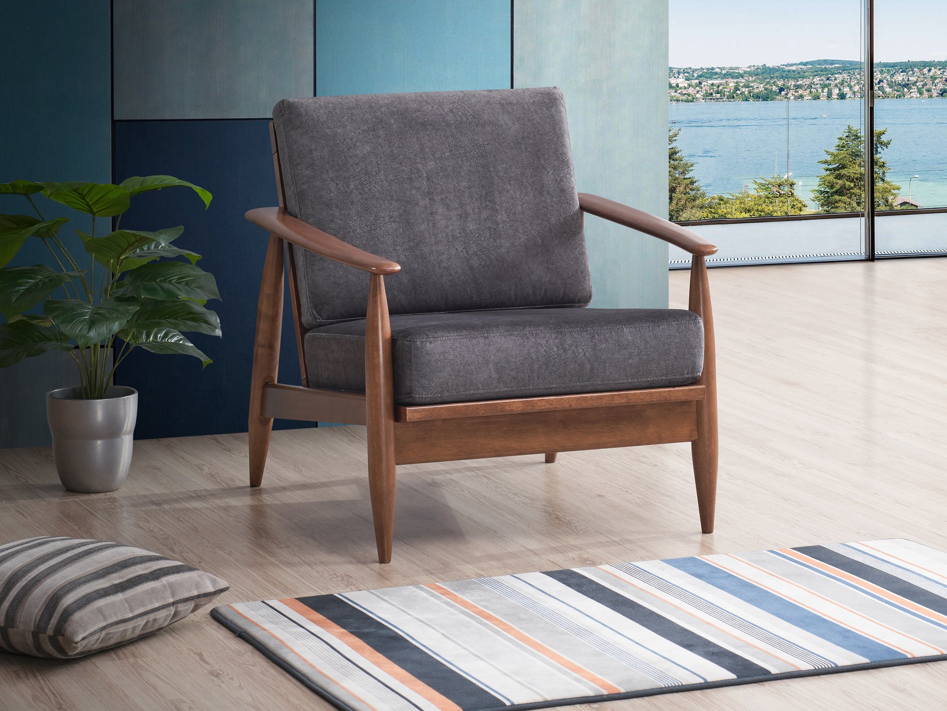 Alisa Charcoal Fabric & Brown Finish Accent Chair FredCo