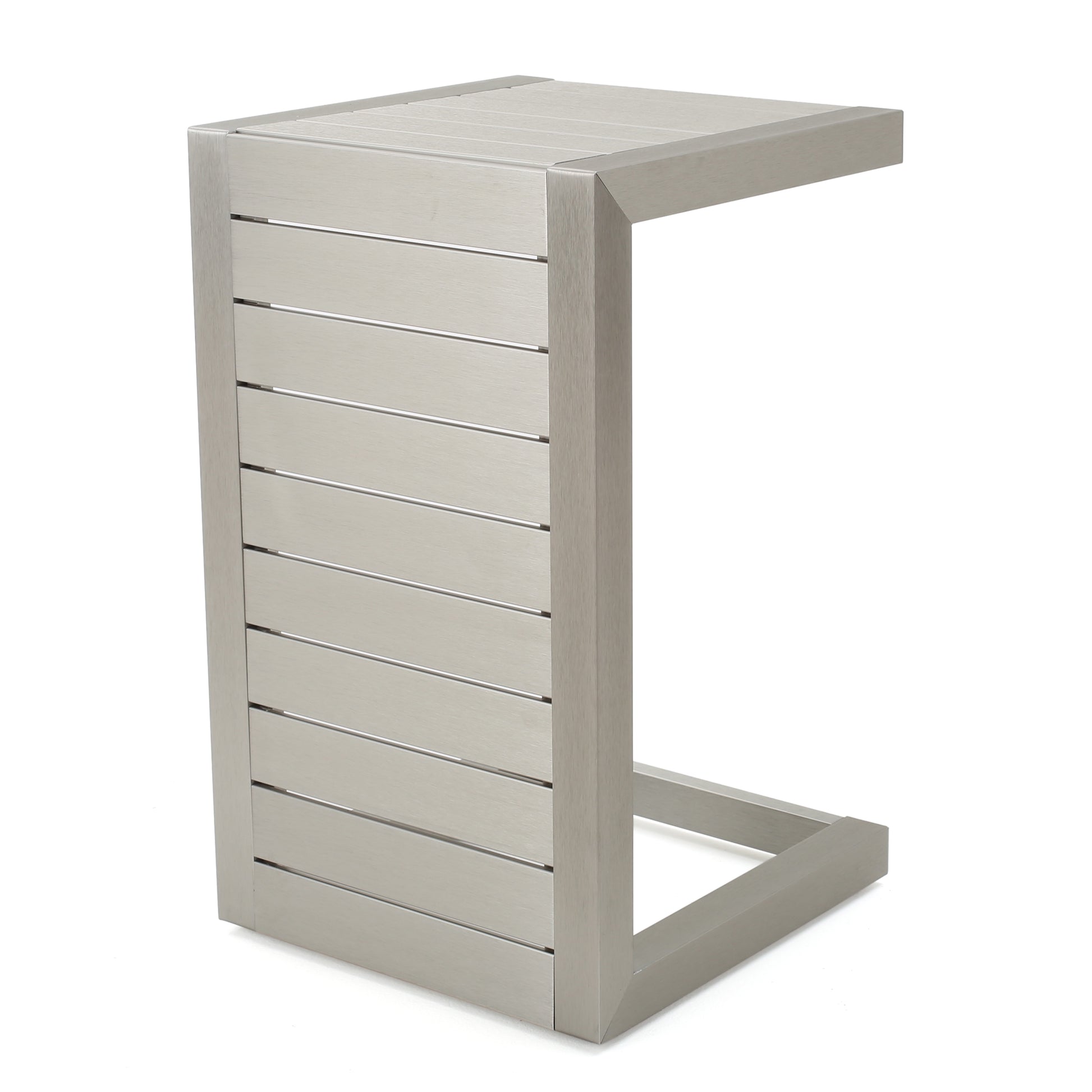 Modern silver metal C-shaped side table with slatted design, FredCo International furniture