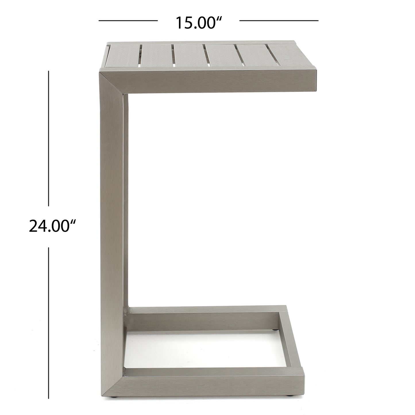 Modern silver metal C-shaped side table, 24 inches tall and 15 inches wide, FredCo International furniture.