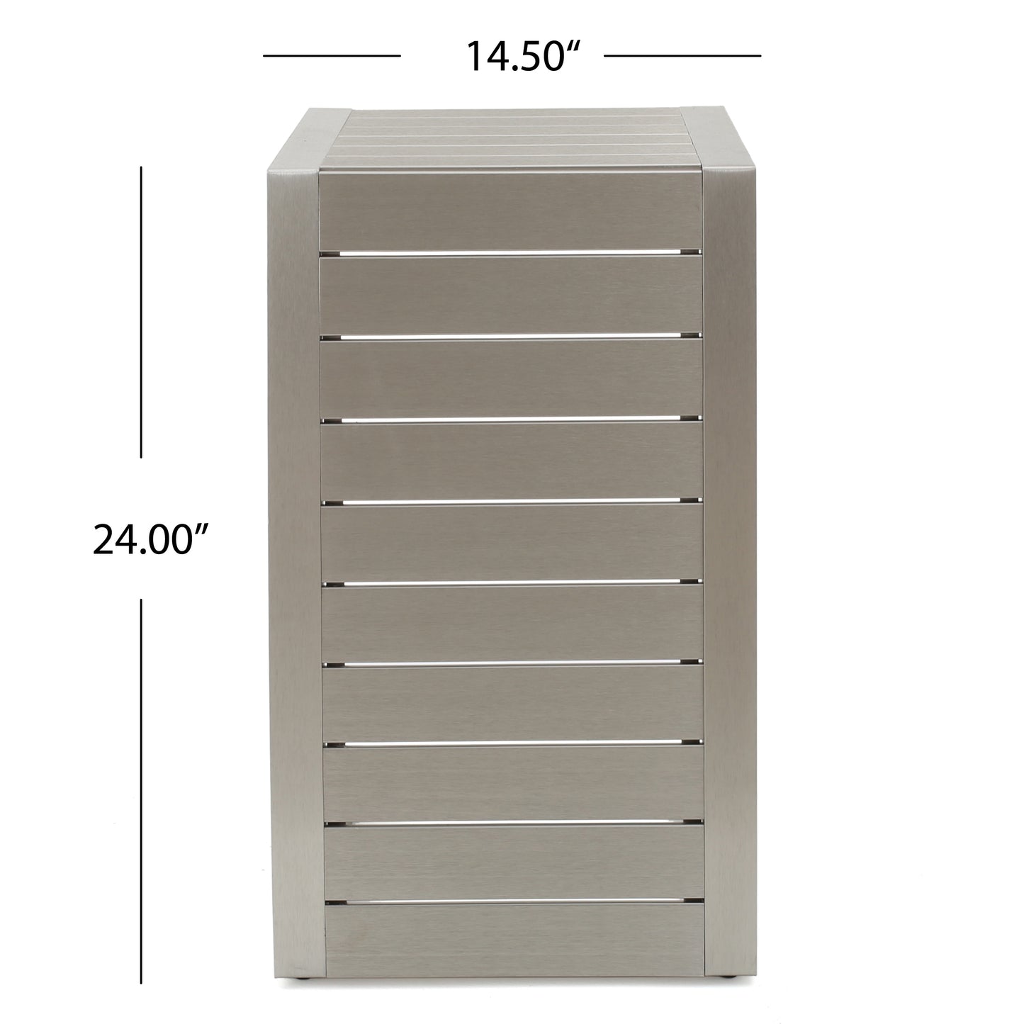 Modern stainless steel side table with slatted design, dimensions 14.5 x 24 inches, FredCo furniture