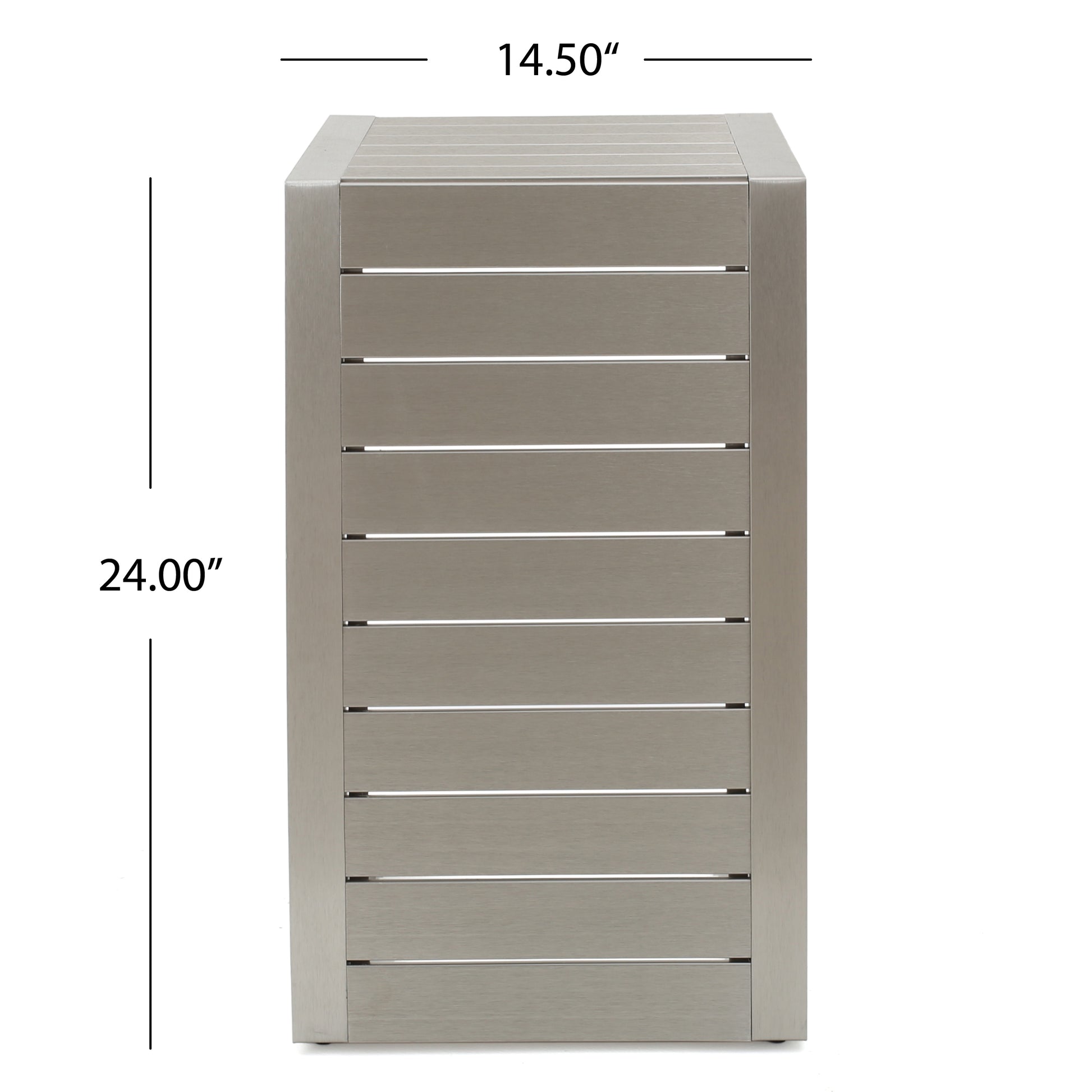 Modern stainless steel side table with slatted design, dimensions 14.5 x 24 inches, FredCo furniture