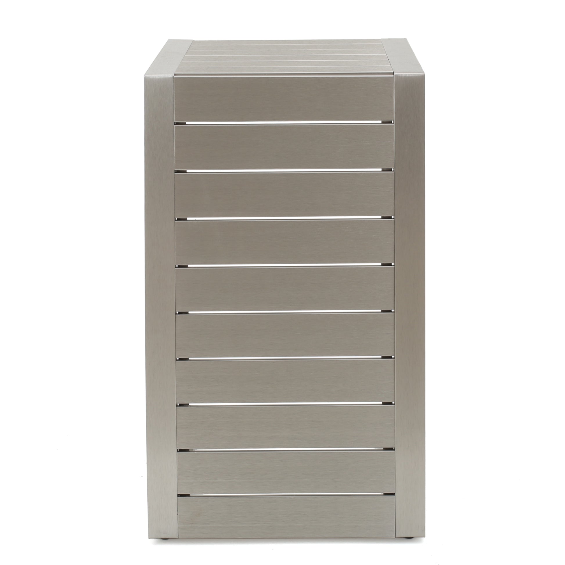 Modern brushed metal side table with horizontal slats, FredCo International furniture