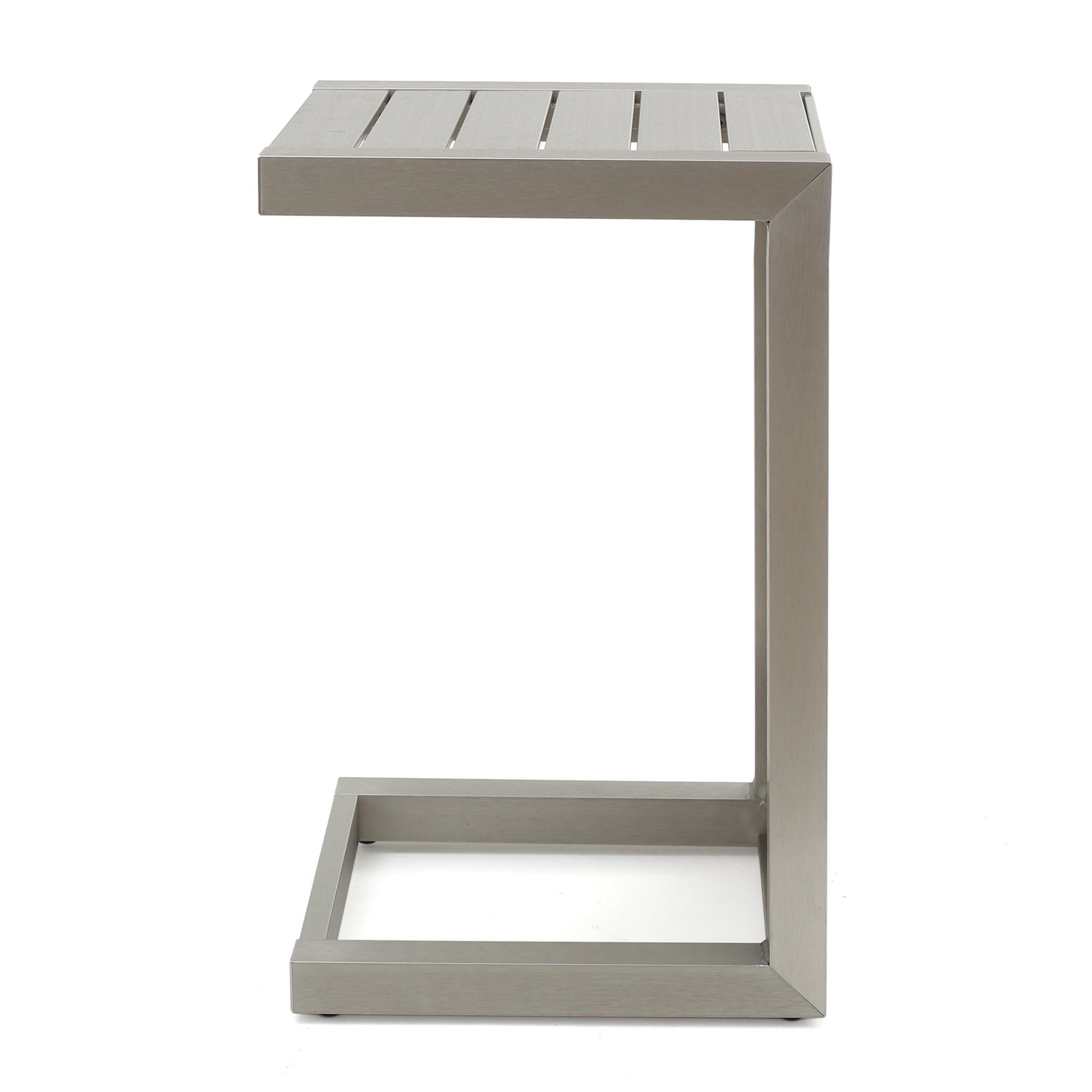 Modern metal C-shaped side table with slatted top, minimalist furniture from FredCo International