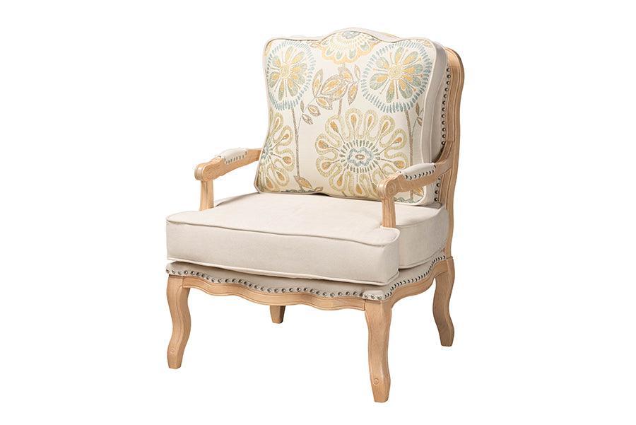 Andre Traditional French Quilted Fabric and Whitewash Finished Wood Accent Chair FredCo